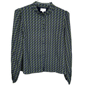 Ciebon Mock Neck Blouse Womens Medium Navy Green Geometric Print Classic Career